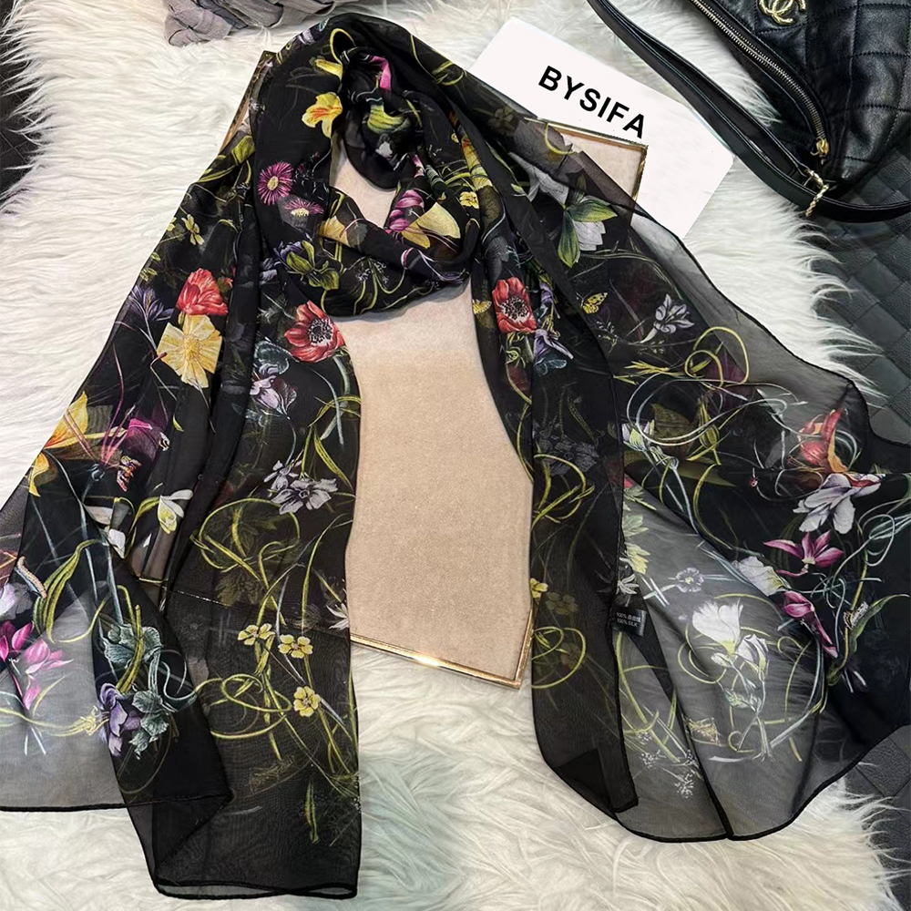 BYSIFA|New Black Pure Silk Wom - Shawl Wrap Winter のレビューと価格