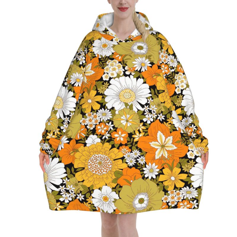 Hippie Flower Floral Retro Bla - Sherpa Hoodie Fleece のレビューと価格