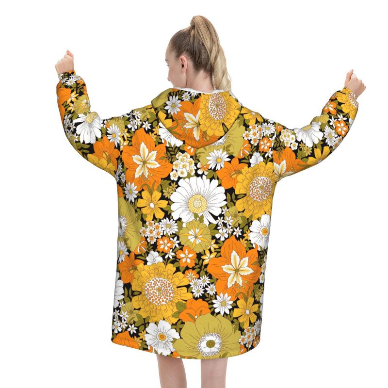 Hippie Flower Floral Retro Bla - Sherpa Hoodie Fleece のレビューと価格