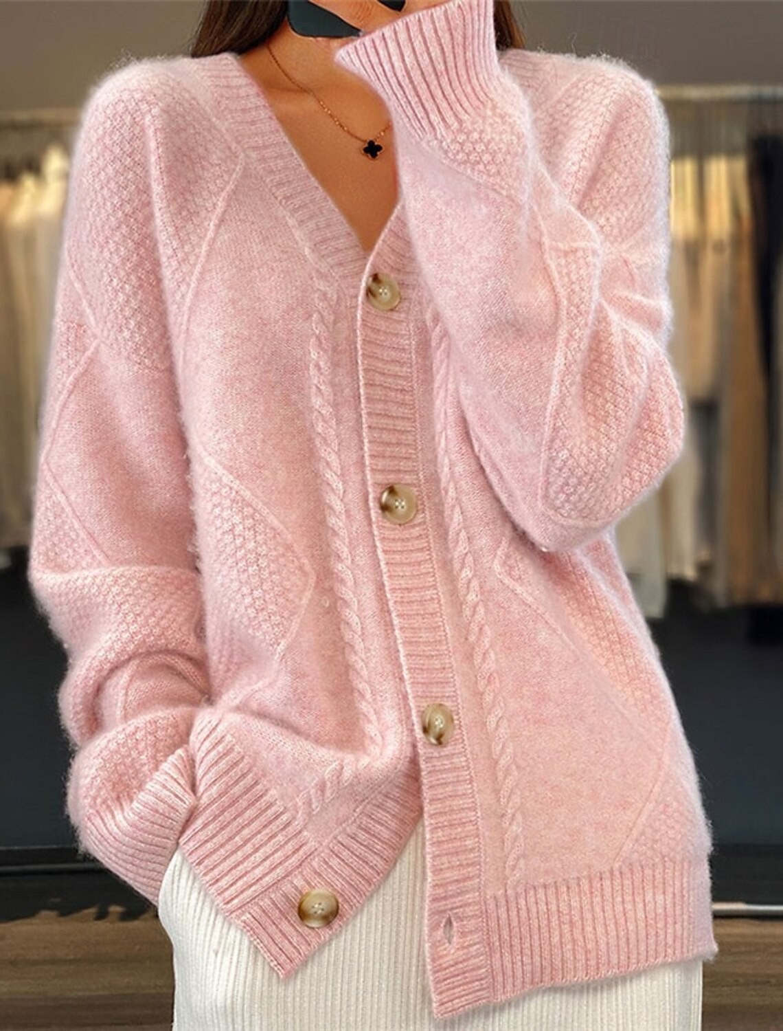 Women V Neck Cable Knit Cardig - Down Jacket Packable のレビューと価格