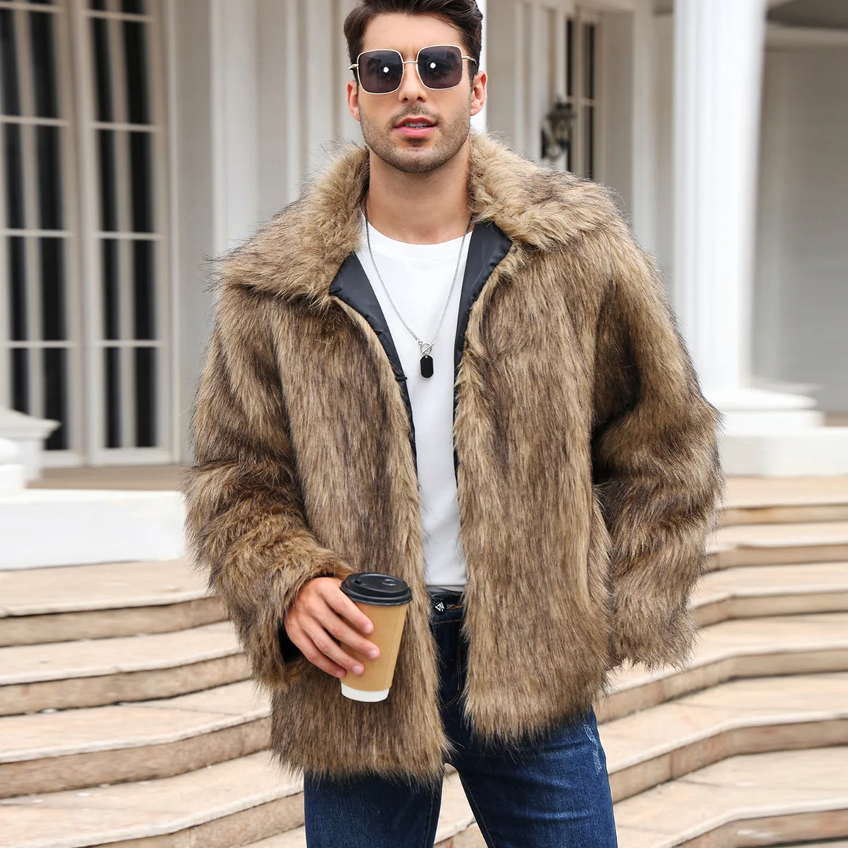 Men Faux Fox Fur Jacket Coat W - Down Jacket Packable のレビューと価格