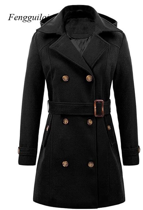 Women's Black Hooded Double Br - Wool Coat Peacoat のレビューと価格