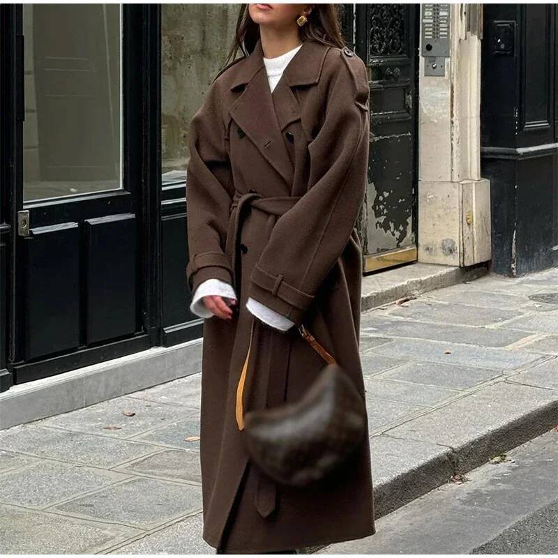 Elegant Grey Belt Long Faux Wo - Wool Coat Peacoat のレビューと価格