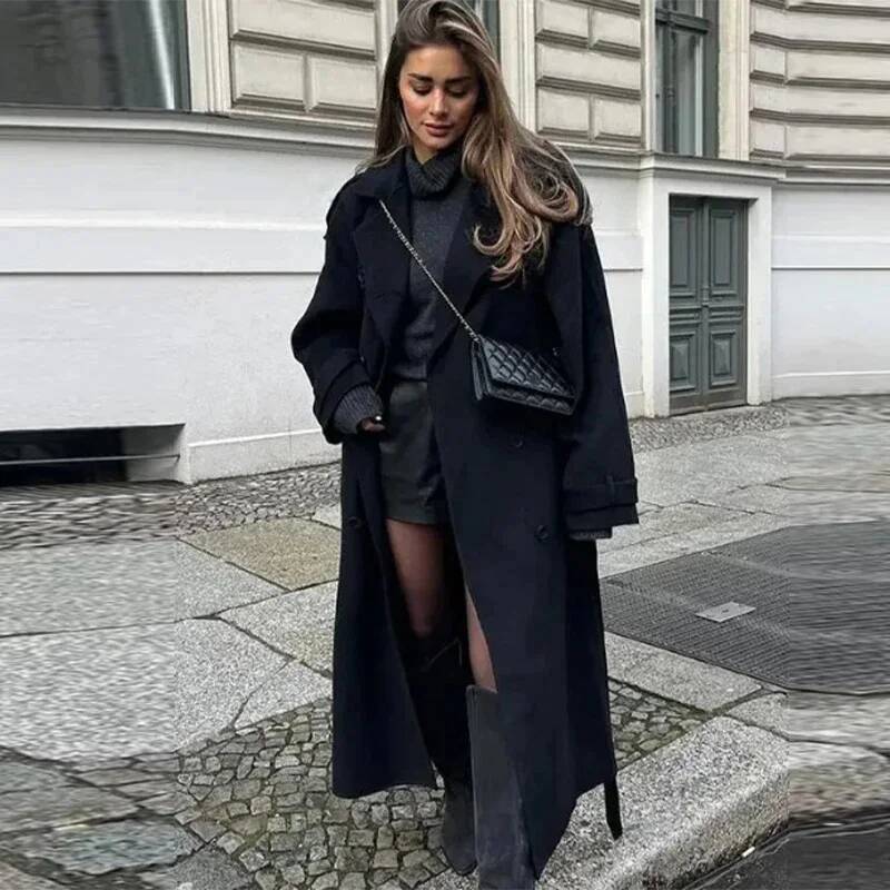 Elegant Grey Belt Long Faux Wo - Wool Coat Peacoat のレビューと価格