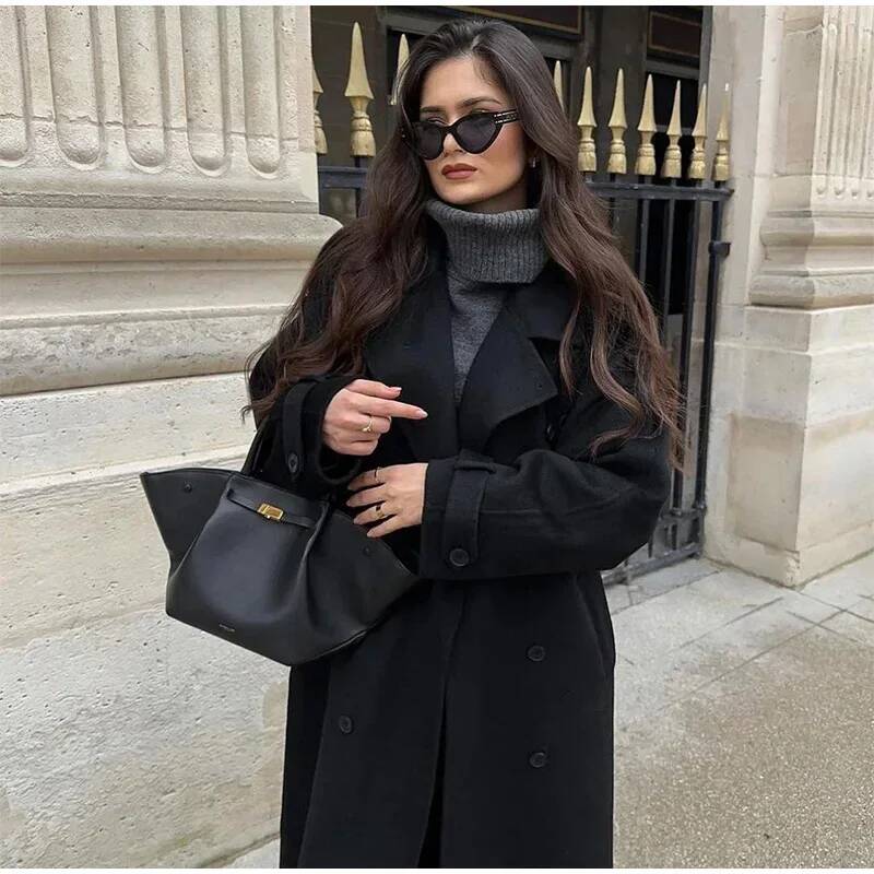 Elegant Grey Belt Long Faux Wo - Wool Coat Peacoat のレビューと価格