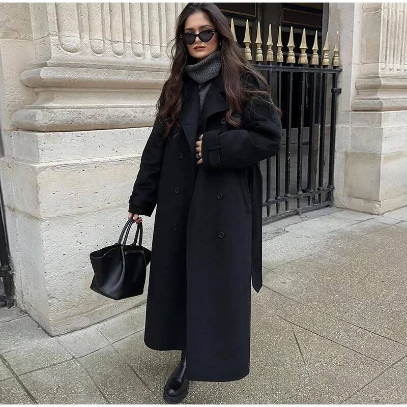 Elegant Grey Belt Long Faux Wo - Wool Coat Peacoat のレビューと価格